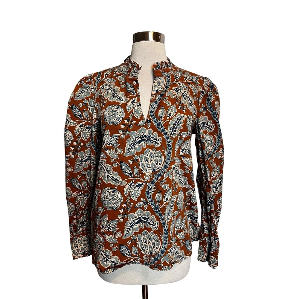 Spartina 449 Bethany Blouse Kalalanta Blooming Vines M Brown Blue Long Sleeve